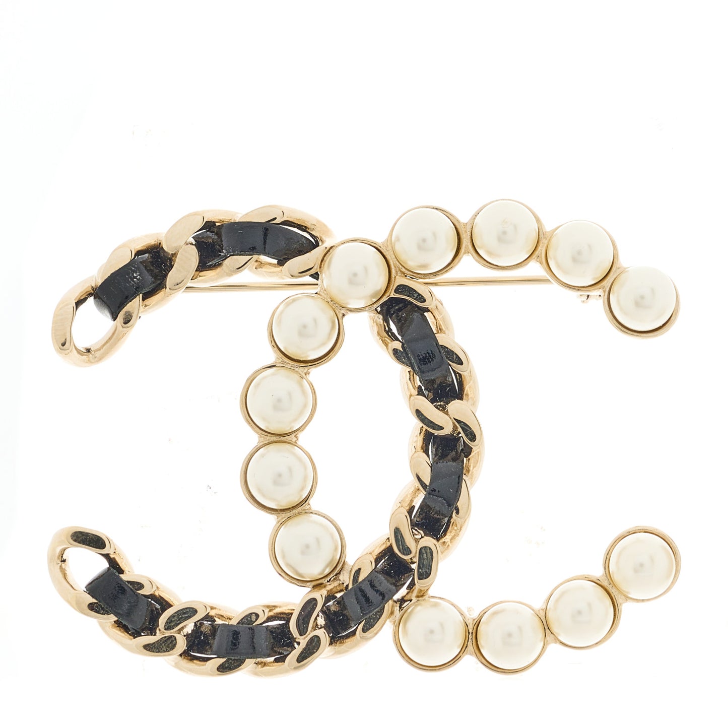Lambskin Pearl CC Chain Brooch Black Gold