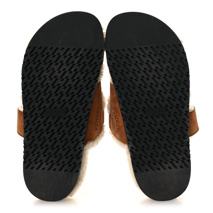 Hermes Suede Goatskin Woolskin Womens Chypre Sandals 37.5 Naturel Ecru 6 of 10