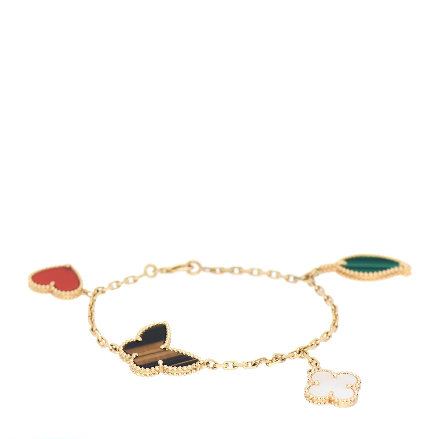 18K Yellow Gold Mother of Pearl Malachite Carnelian Tiger Eye 4 Motifs Lucky Alhambra Bracelet