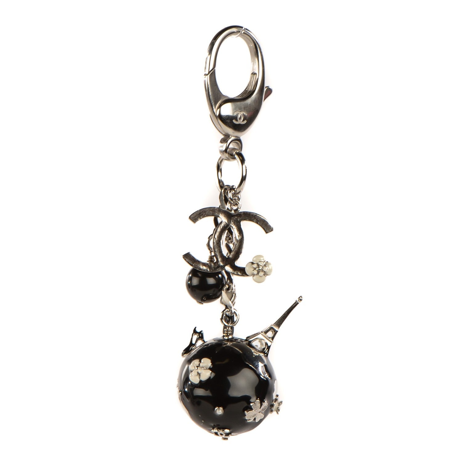 Chanel Pearl Enamel CC Camellia Globe Bag Charm Silver 1 of 6