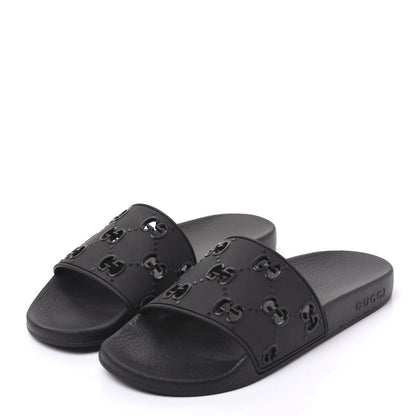 Gucci Rubber GG Monogram Perforated Womens Slide Sandals 38 Black 2 of 7