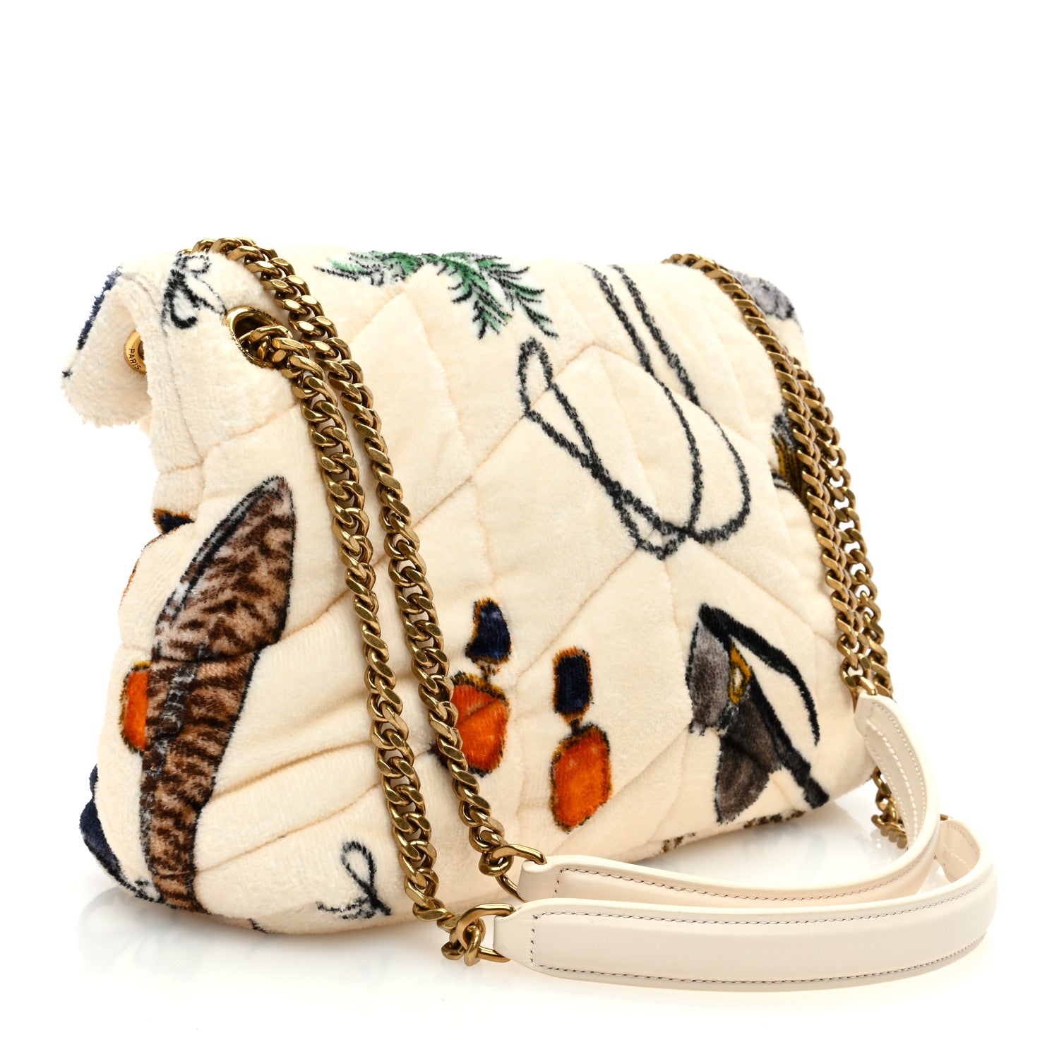 Saint Laurent Terrycloth Summer Print Quilted Small Loulou Puffer Monogram Chain Satchel Multicolor White 2 of 9