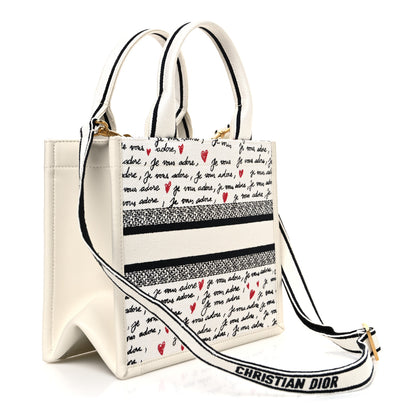 Christian Dior Calfskin Canvas Embroidered Small Dioramour Je Vous Adore Book Tote With Strap White Black Red 2 of 9