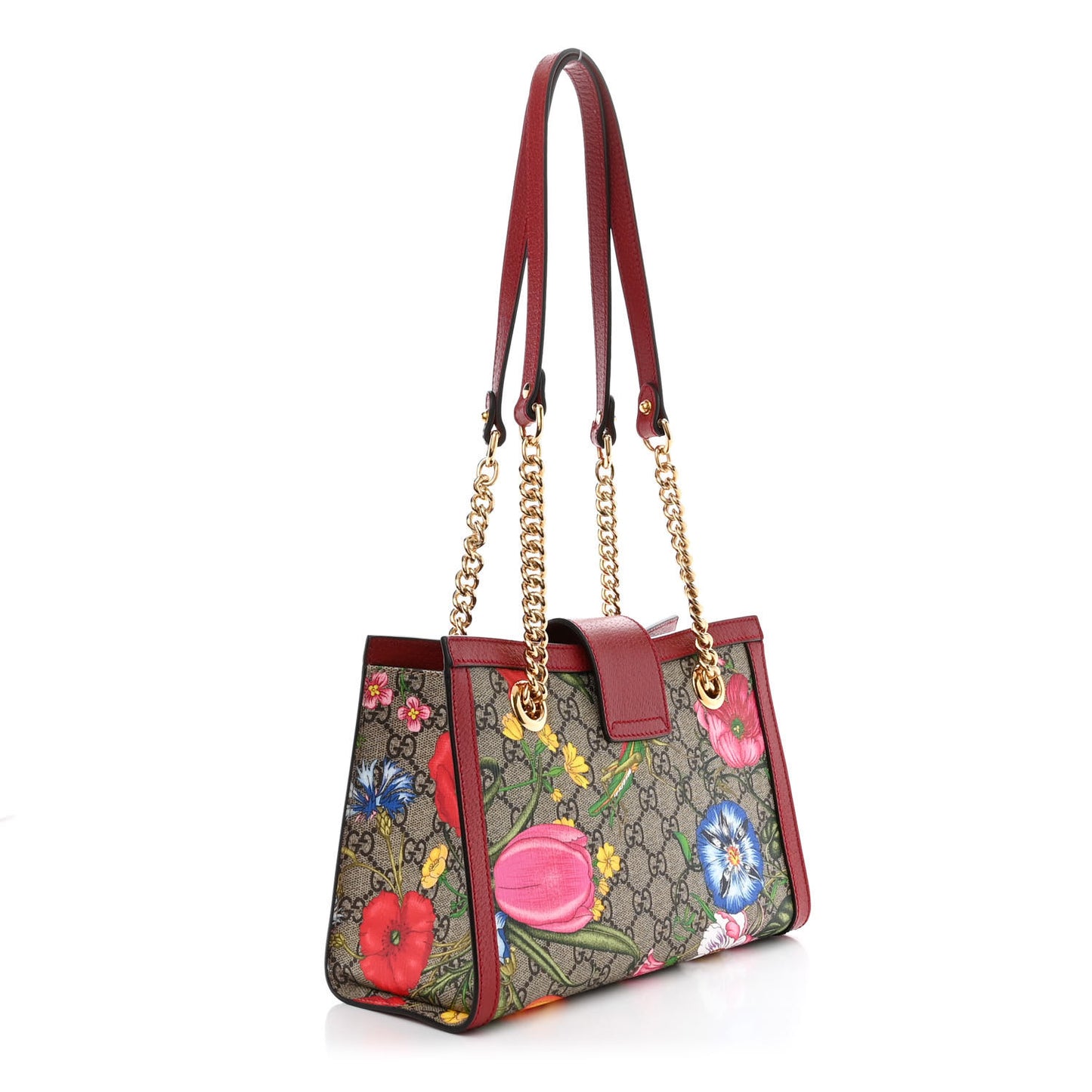 GG Supreme Monogram Flora Textured Calfskin Small Padlock Tote Red