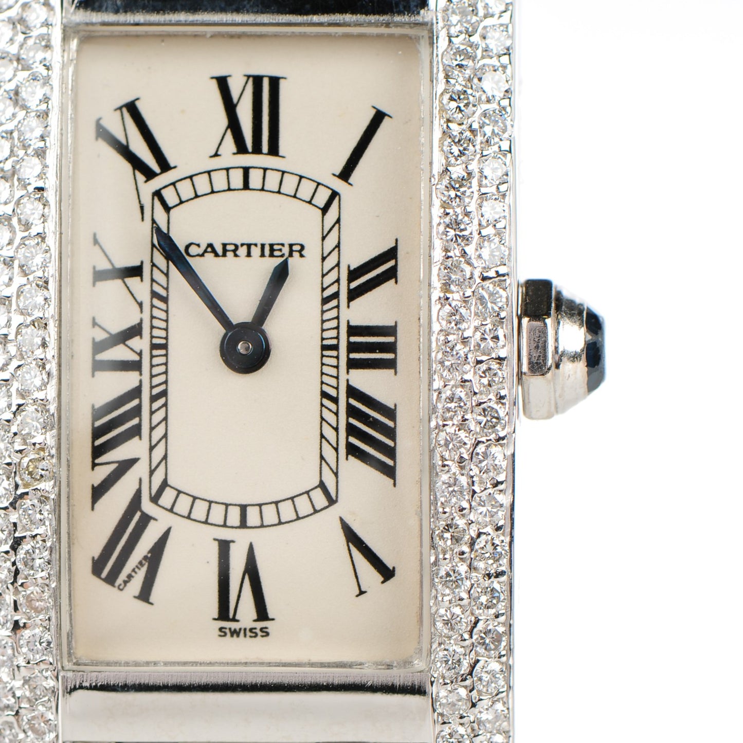 18K White Gold Diamond Bezel 19mm Tank Americaine Quartz Watch
