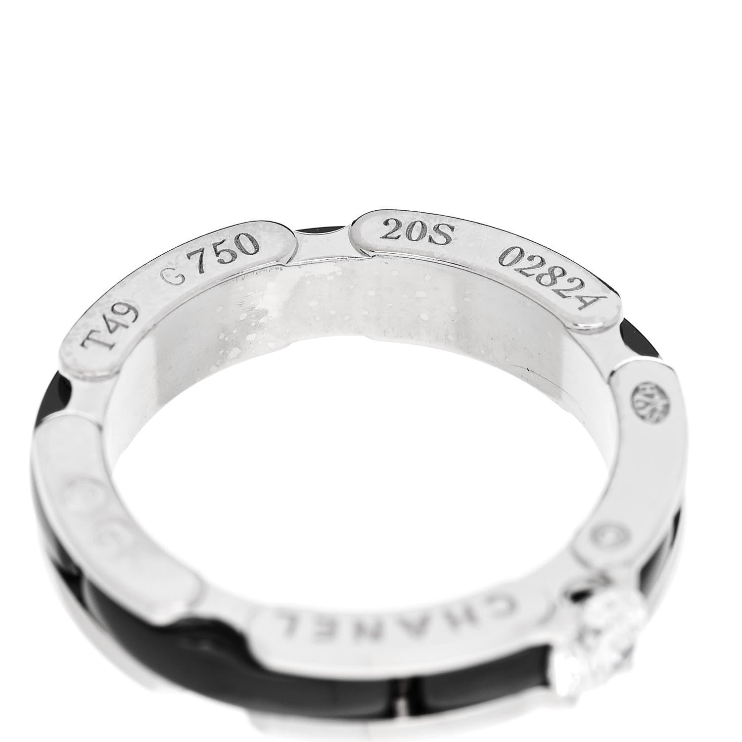Chanel 18K White Gold Ceramic Diamond Slim Ultra Ring 49 4.75