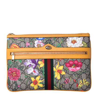 Gucci GG Supreme Monogram Flora Large Ophidia Pouch Clutch Beige Multicolor Crop 1 of 8