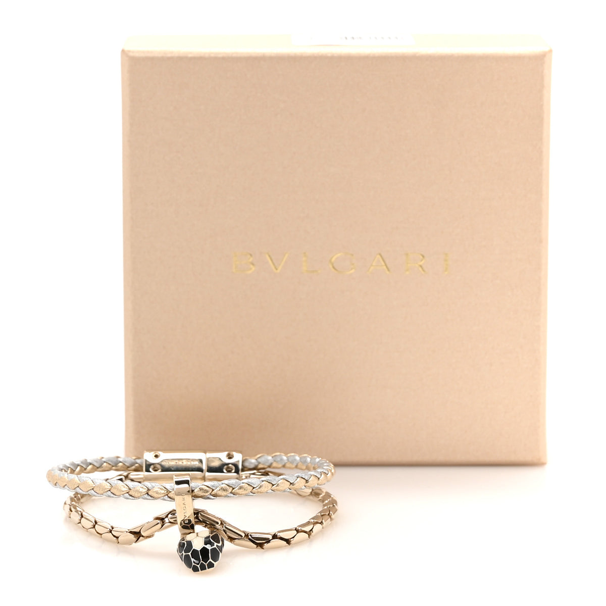 Metallic Calfskin Braided Brass Enamel Serpenti Forever Double Coil Bracelet Gold Silver