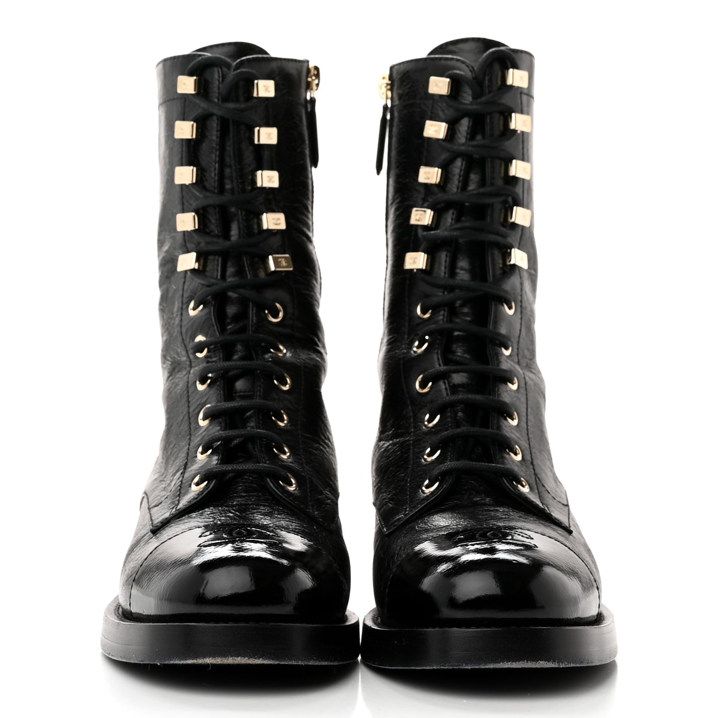 Crumpled Calfskin Patent Cap Toe Lace Up Combat Boots 38 Black