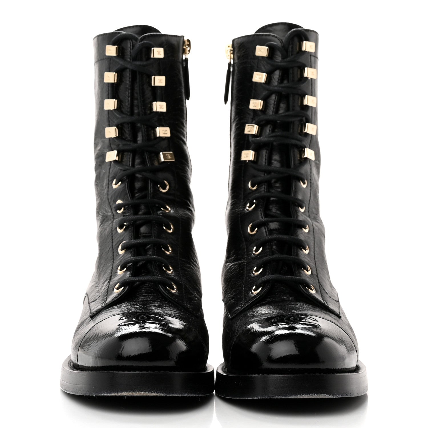Chanel Crumpled Calfskin Patent Cap Toe Lace Up Combat Boots 38 Black 2 of 12