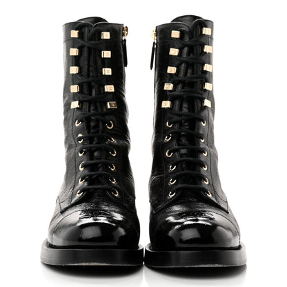 Chanel Crumpled Calfskin Patent Cap Toe Lace Up Combat Boots 38 Black 2 of 12