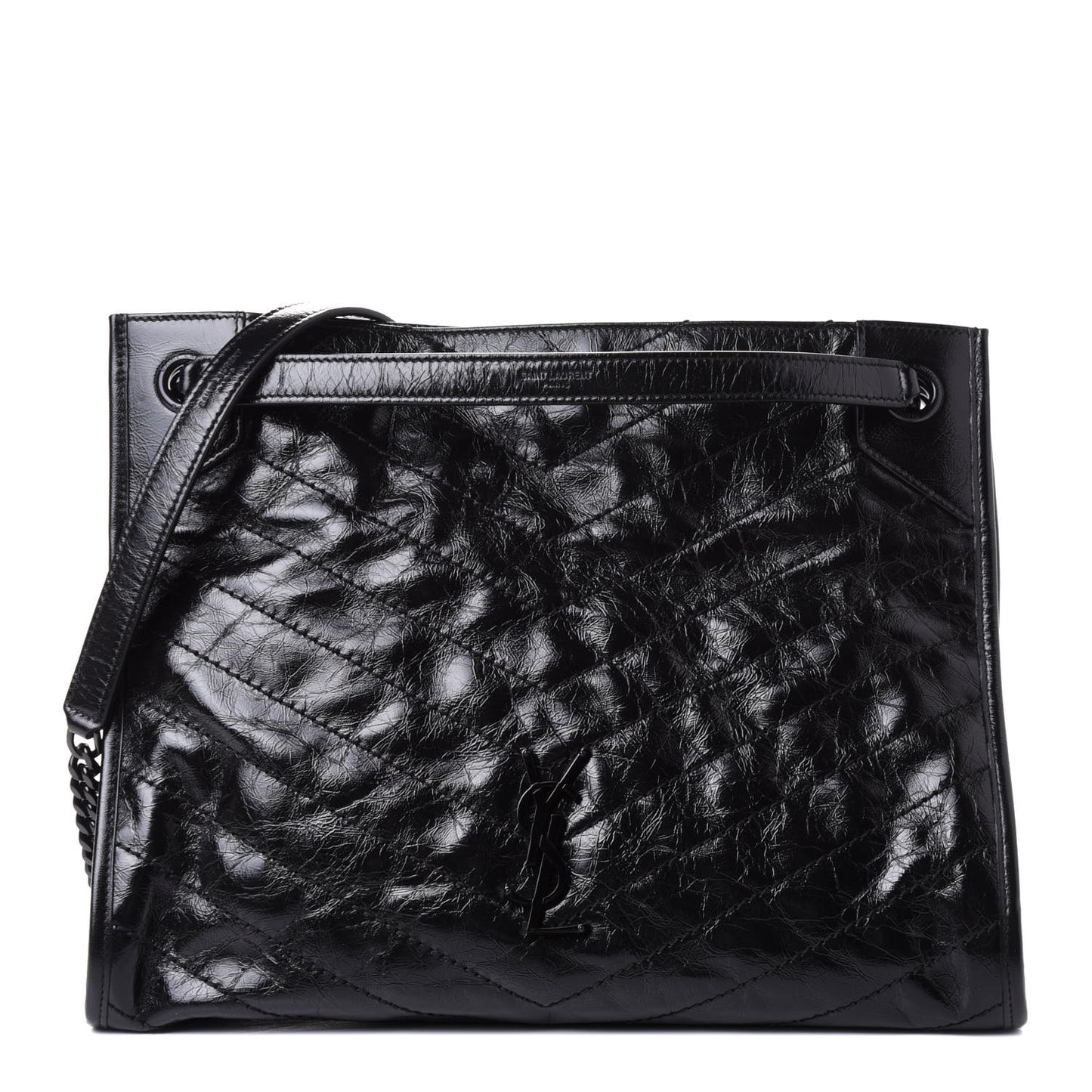 Crinkled Calfskin Matelasse Monogram Large Niki Shopper Tote Black