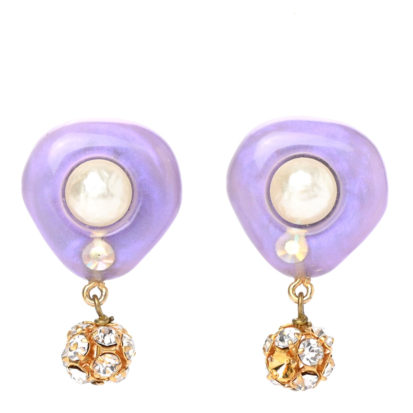 Resin Crystal Pearl Drop Clip On Earrings Gold Purple