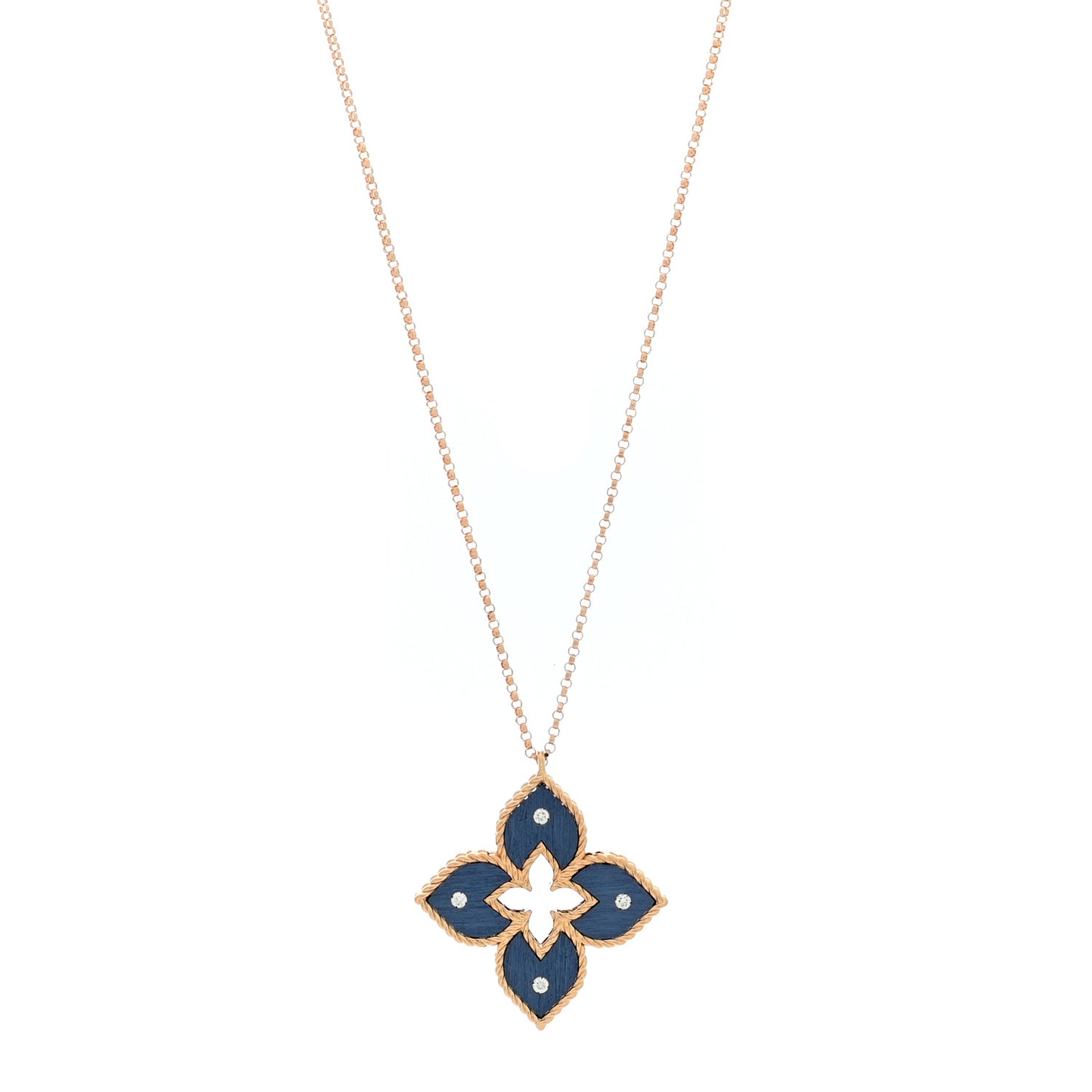 18K Rose Gold Diamond Blue Titanium Small Venetian Princess Flower Pendant Necklace