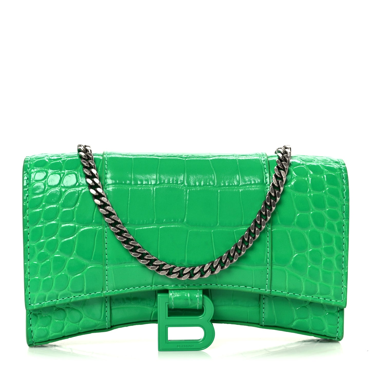 Shiny Calfskin Crocodile Embossed Hourglass Chain Bag Vivid Green