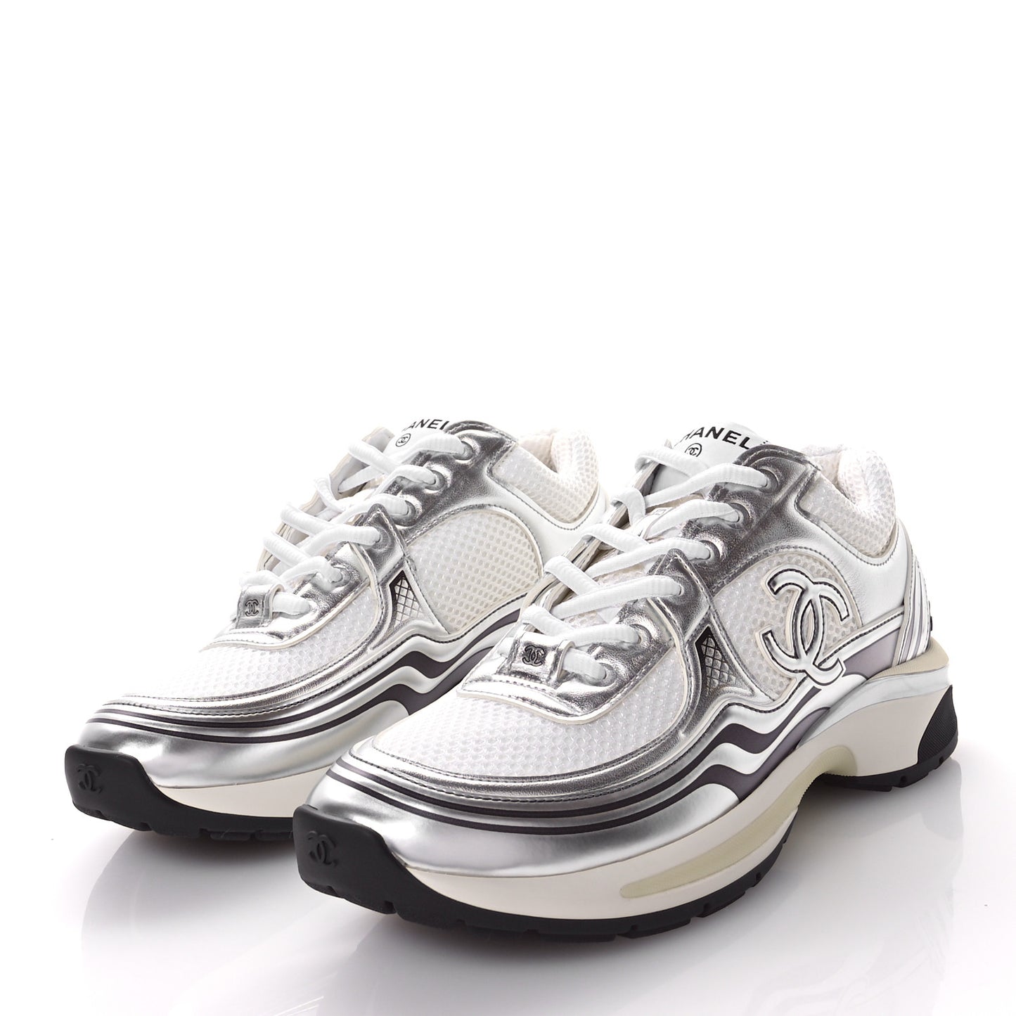 Fabric Laminated Calfskin Stretch CC Sneakers 39 White Silver