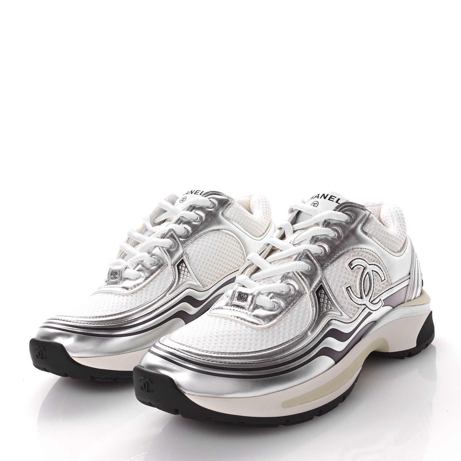 Chanel Fabric Laminated Calfskin Stretch CC Sneakers 39 White Silver 4 of 9