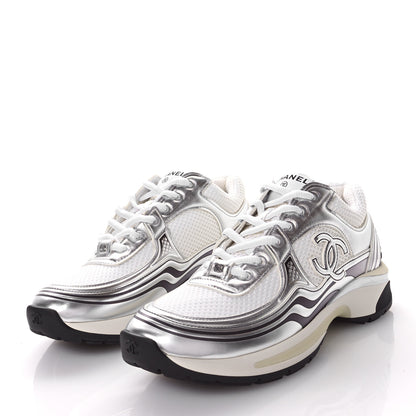 Chanel Fabric Laminated Calfskin Stretch CC Sneakers 39 White Silver 4 of 9