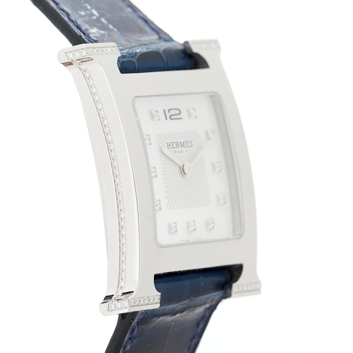 Hermes Stainless Steel Alligator Diamond Mother of Pearl 26mm Heure H Hour Quartz Watch Bleu Saphir 3 of 7