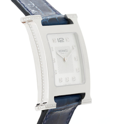 Hermes Stainless Steel Alligator Diamond Mother of Pearl 26mm Heure H Hour Quartz Watch Bleu Saphir 3 of 7