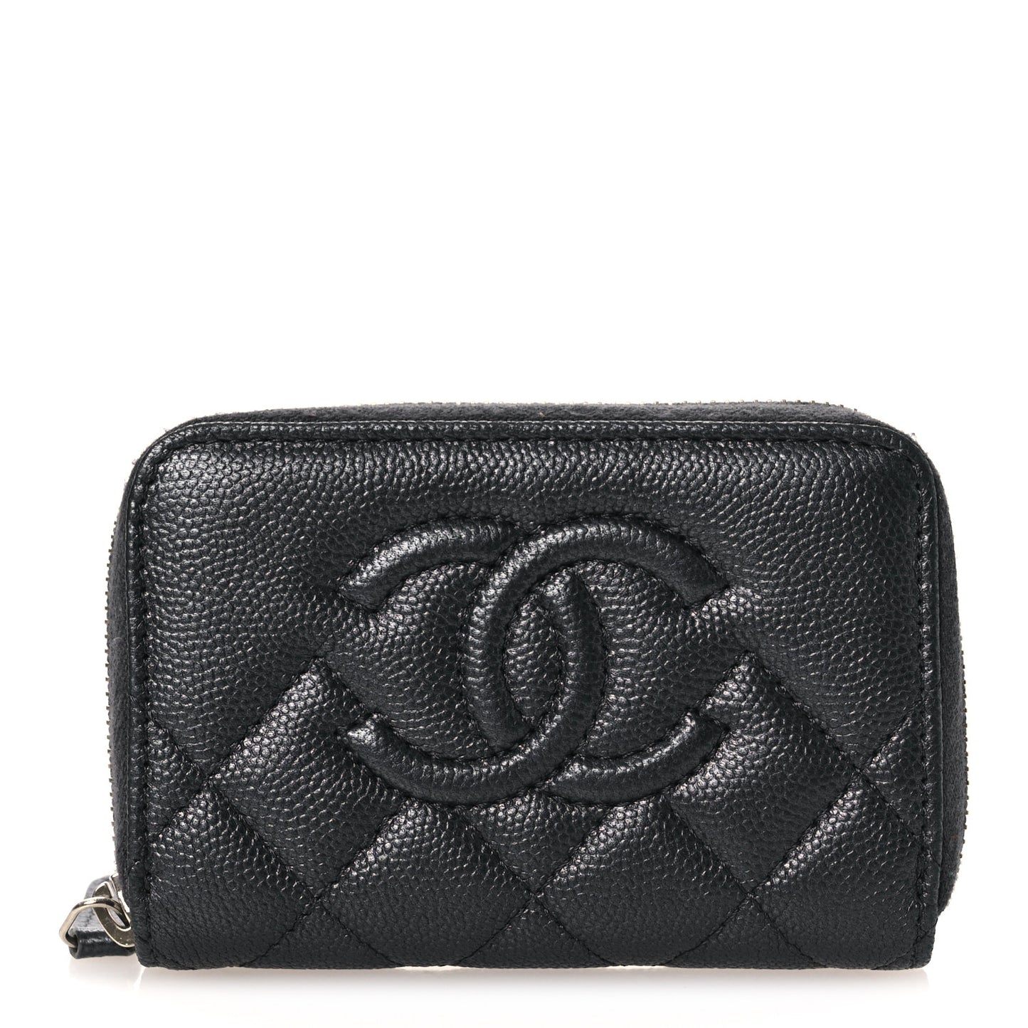 Metallic Caviar Quilted CC Zip Around Coin Purse Wallet Dark Grey