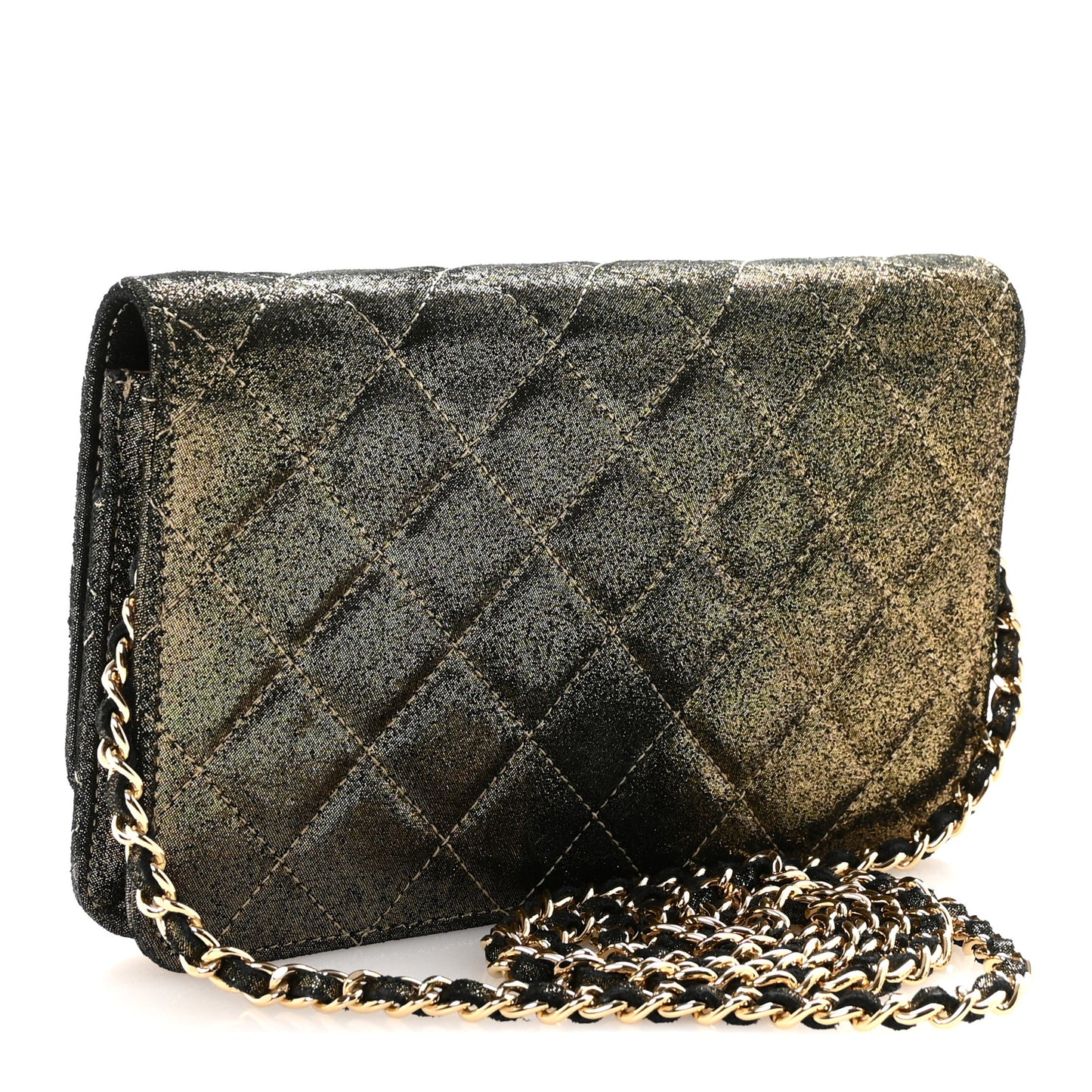 Iridescent Calfskin Quilted Tartan Button Wallet on Chain WOC Gold