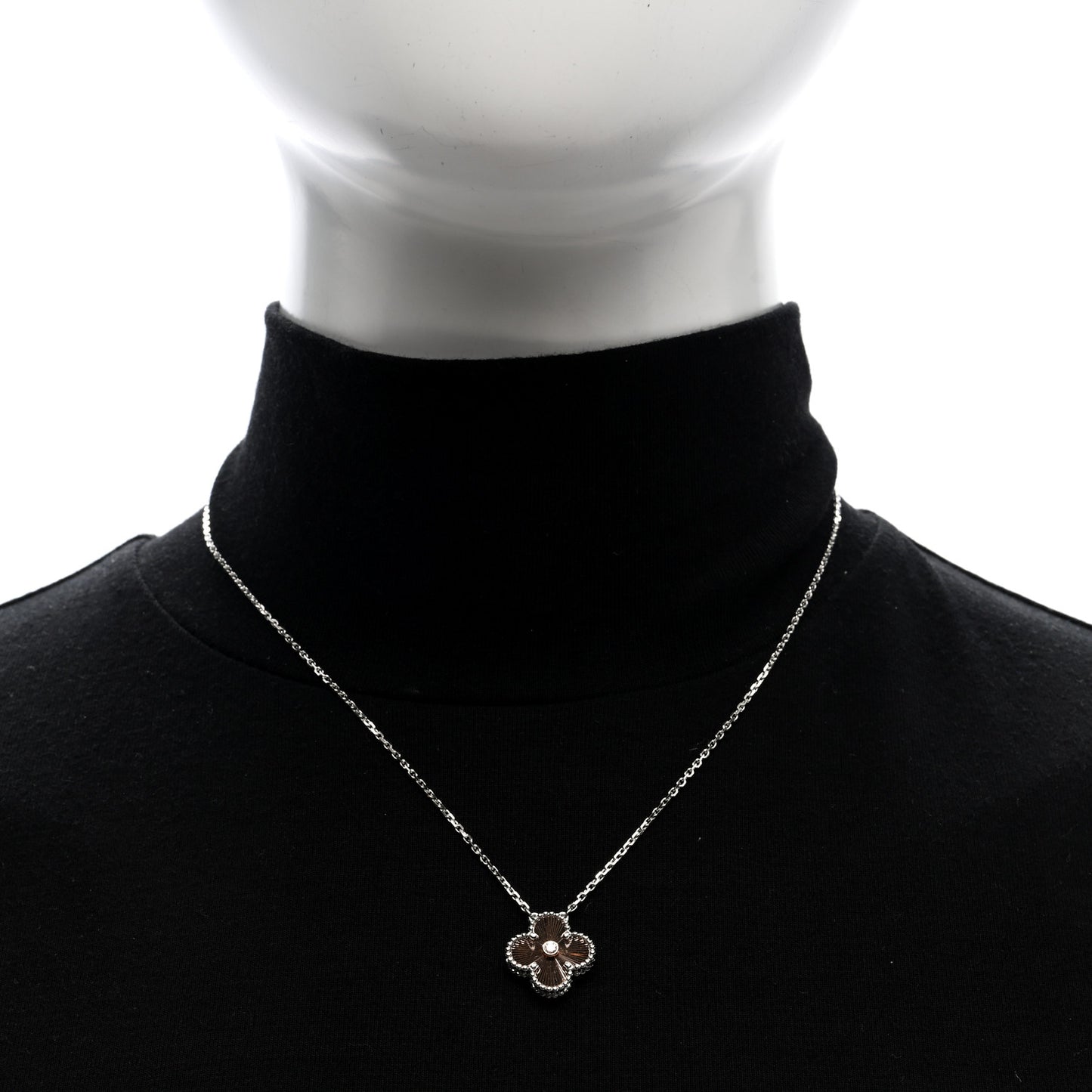 18K White Rose Gold Diamond Guilloche Vintage Alhambra Pendant Necklace