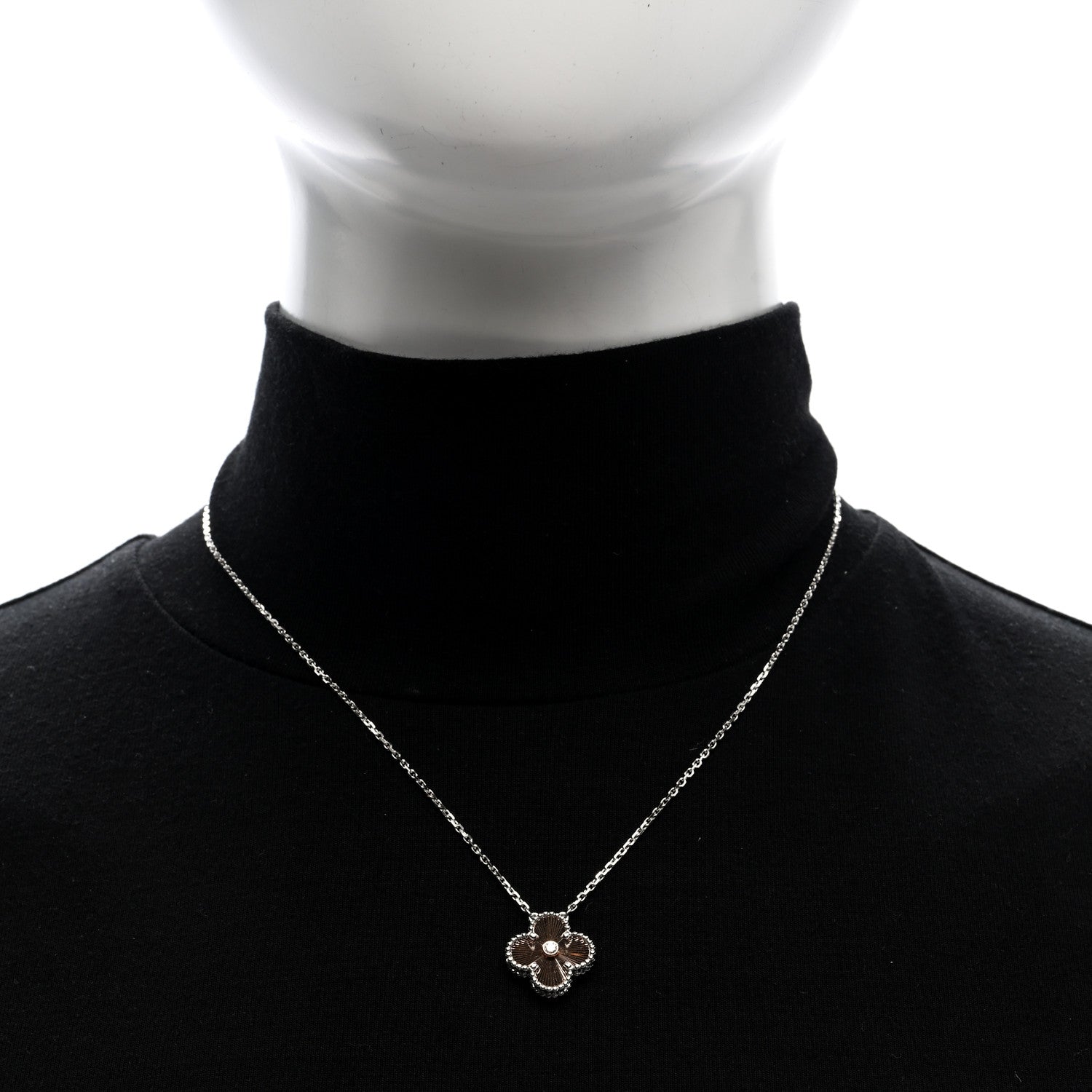 Van Cleef & Arpels 18K White Rose Gold Diamond Guilloche Vintage Alhambra Pendant Necklace 2 of 5