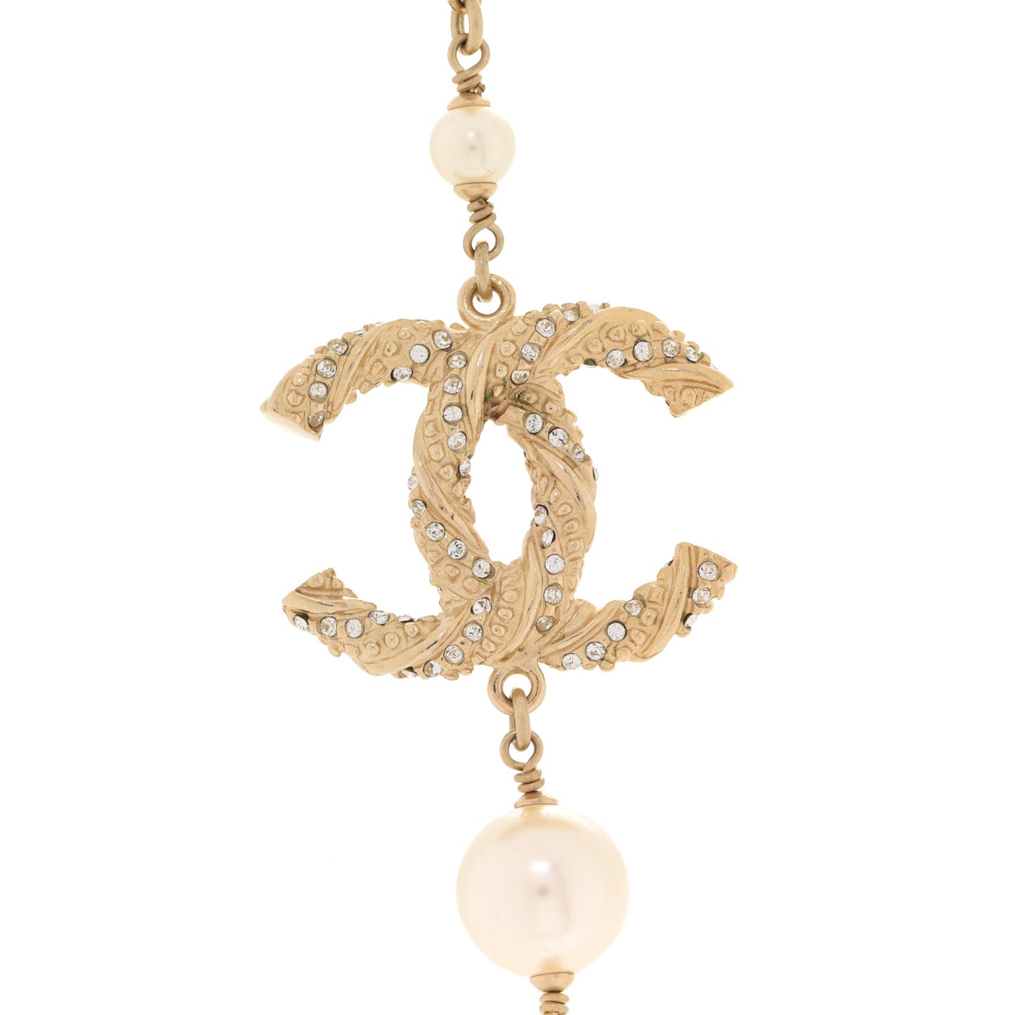 Pearl Crystal Twisted CC Long Necklace Gold