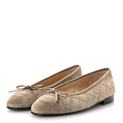 Chanel Suede Calfskin Quilted Cap Toe CC Ballerina Flats 36.5 Dark Beige 4 of 12