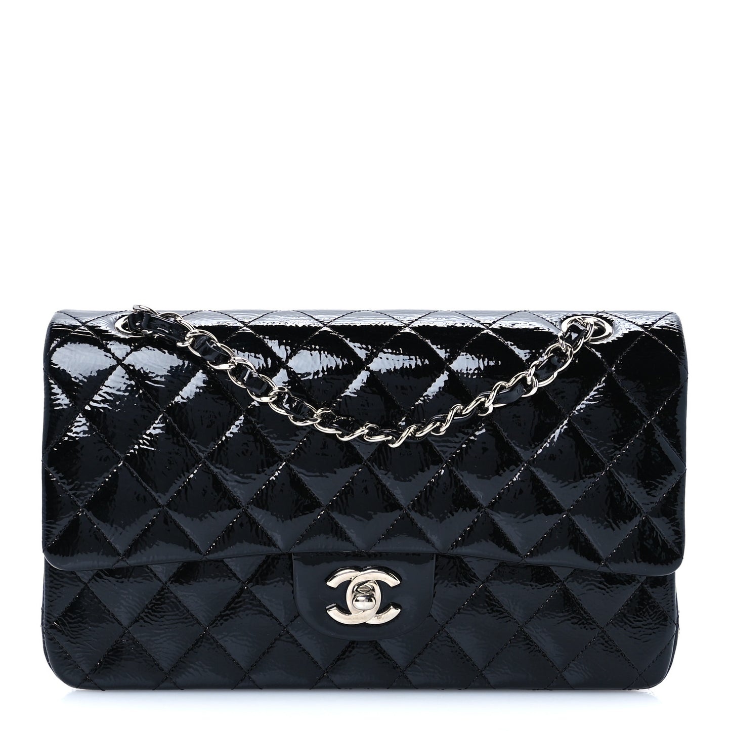 Distressed Patent Quilted Medium Double Flap Black