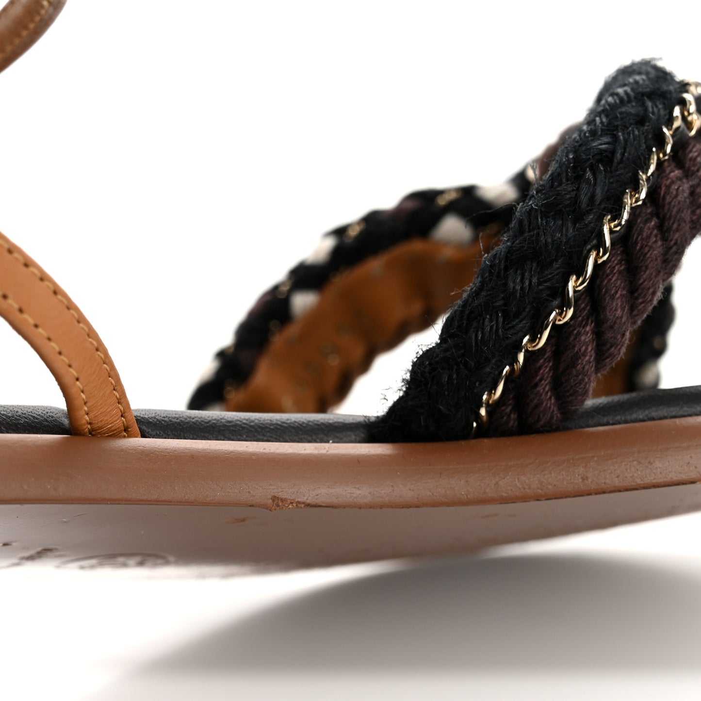 Lambskin Cord Chain CC Sandals 38.5 Brown Black Ivory