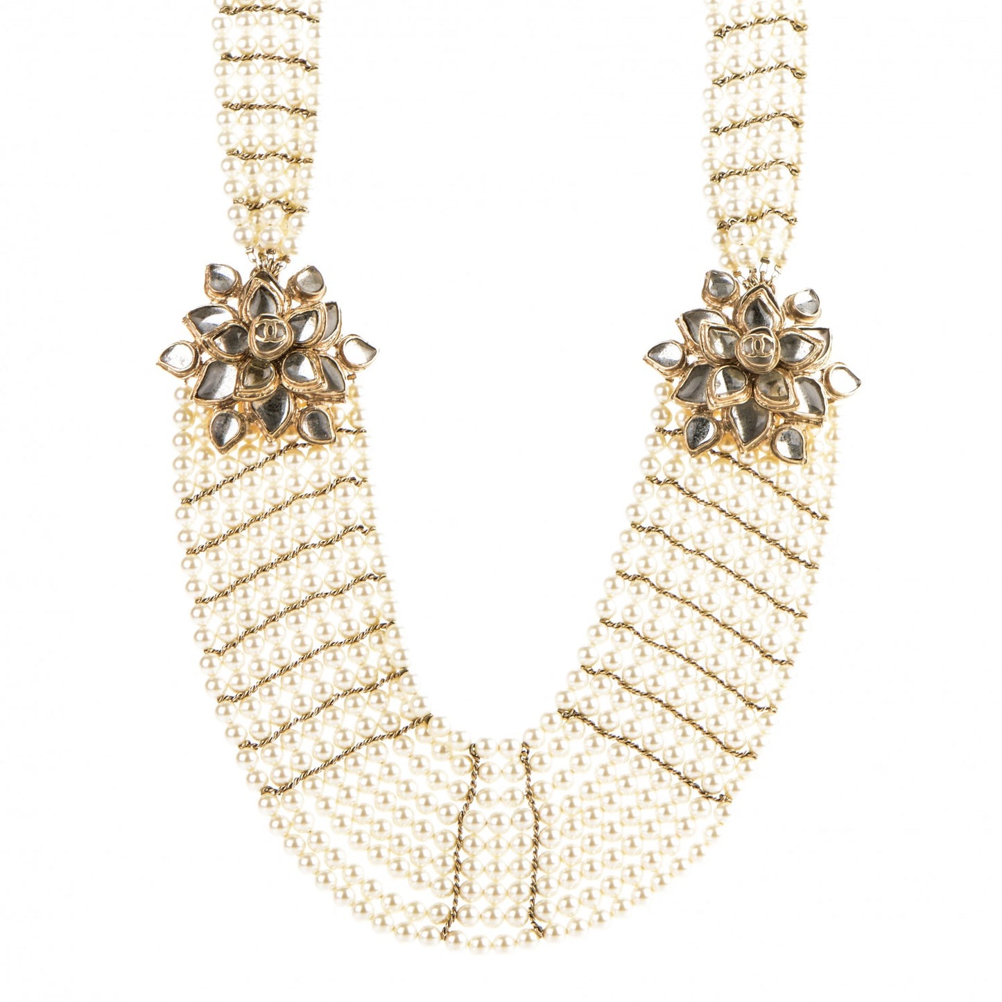 Pearl CC Camellia Multi Strand Bib Necklace Gold