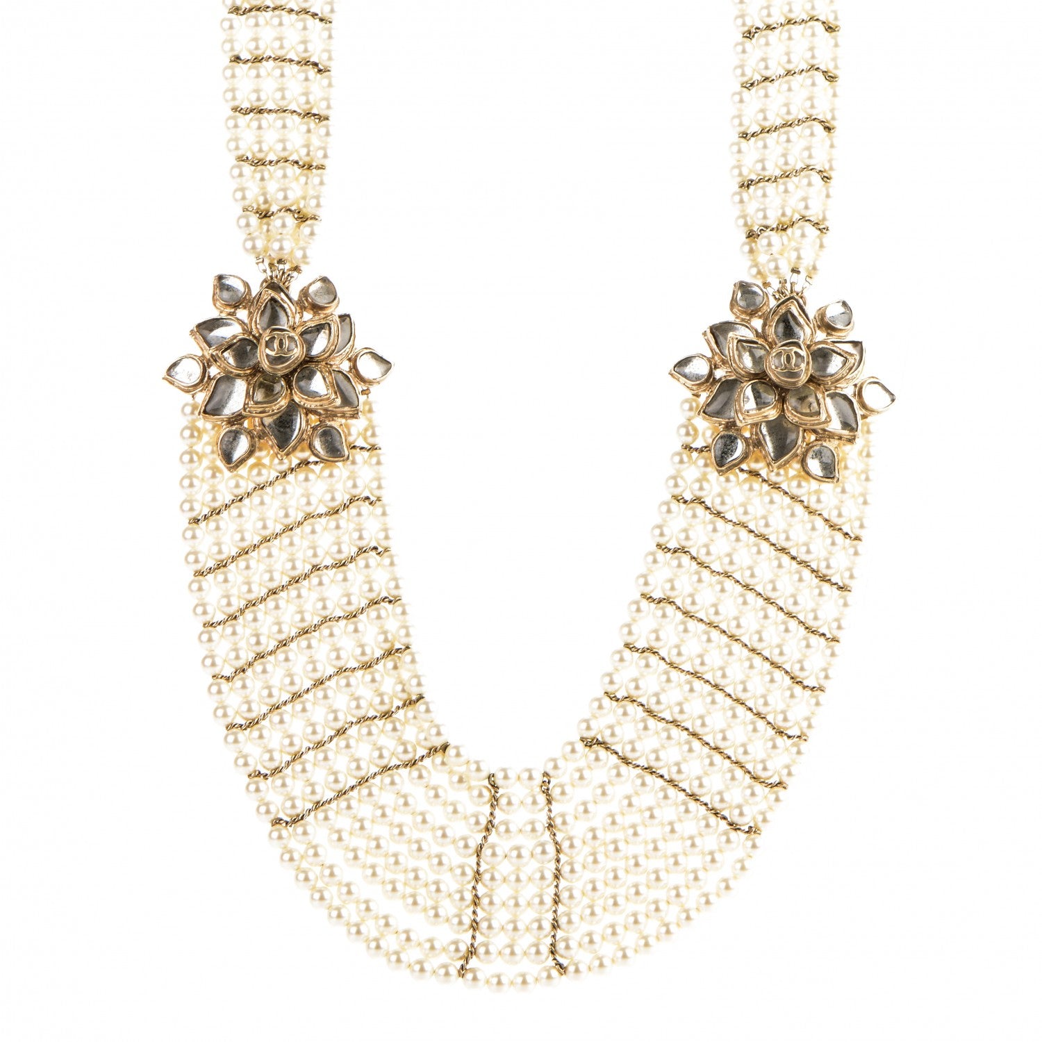 Chanel Pearl CC Camellia Multi Strand Bib Necklace Gold 1 of 4