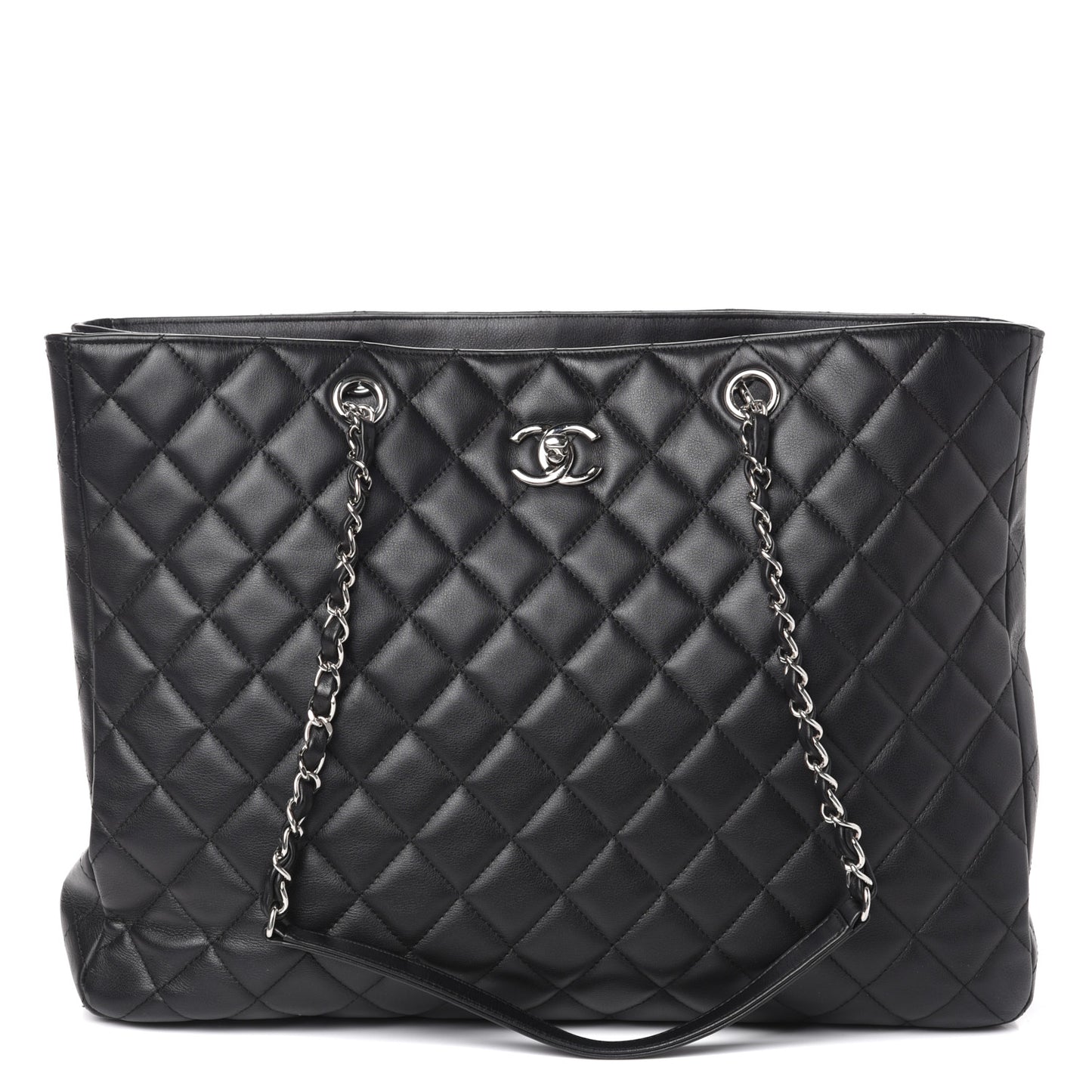 Calfskin Quilted Large Classic Shopping Tote Black