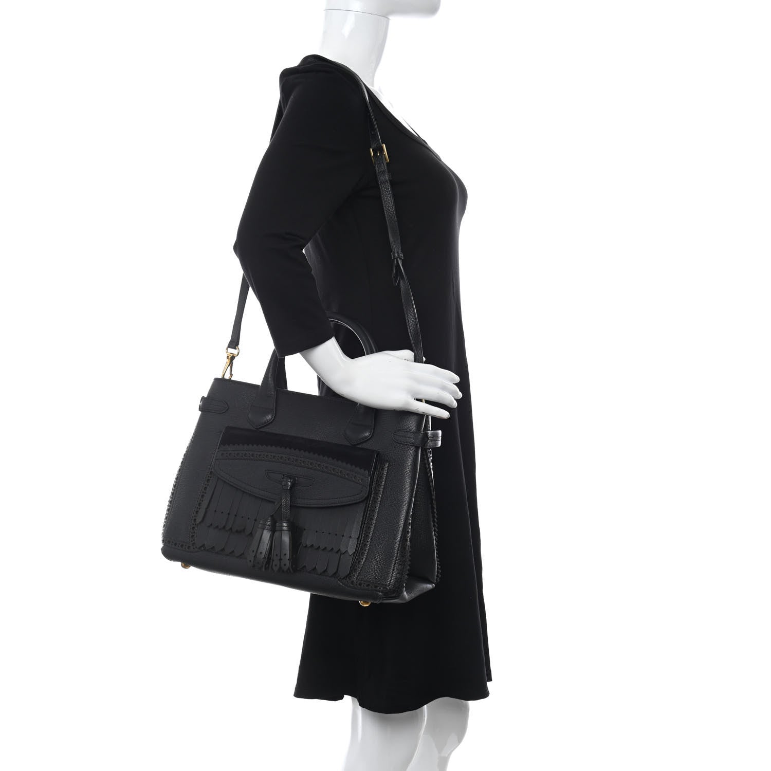 Burberry Grainy Calfskin Perforated Medium Broguing Tassel Banner Tote Black 2 of 9
