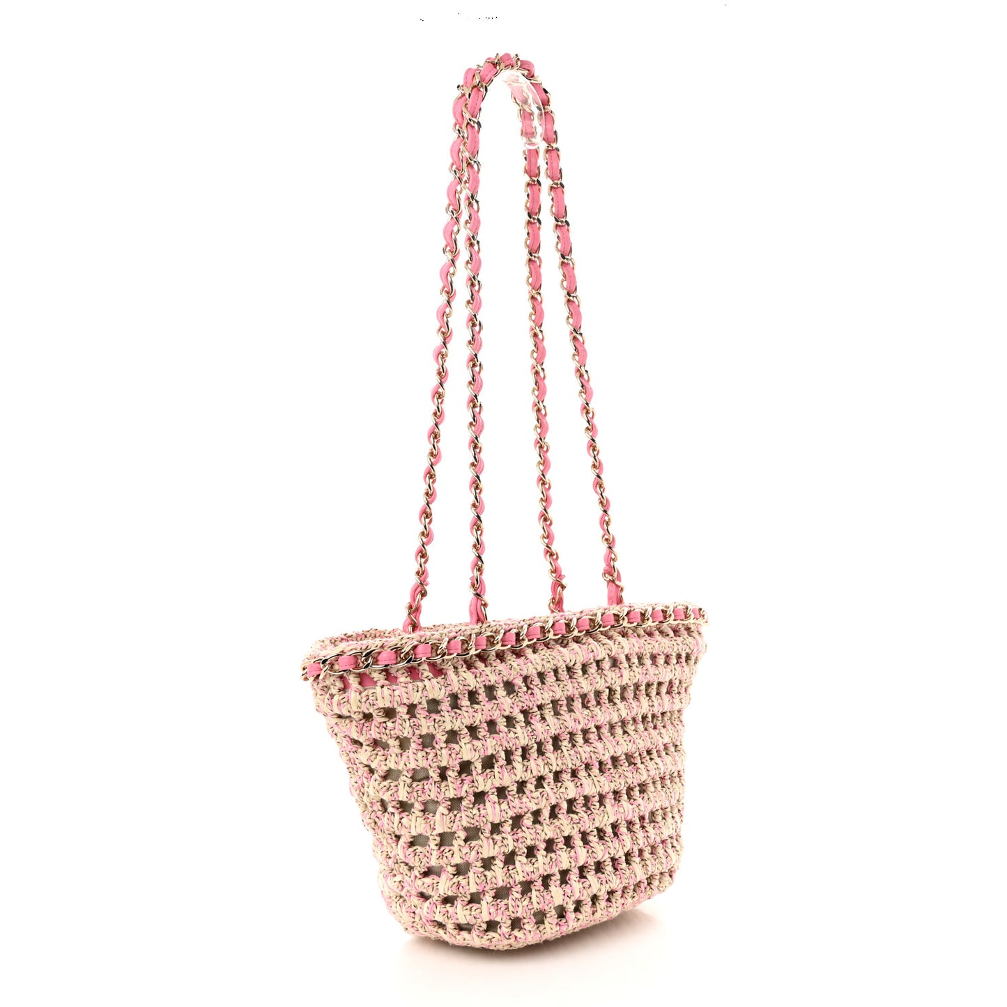 Mixed Fibers Calfskin Crochet Small Shopping Bag Beige Pink