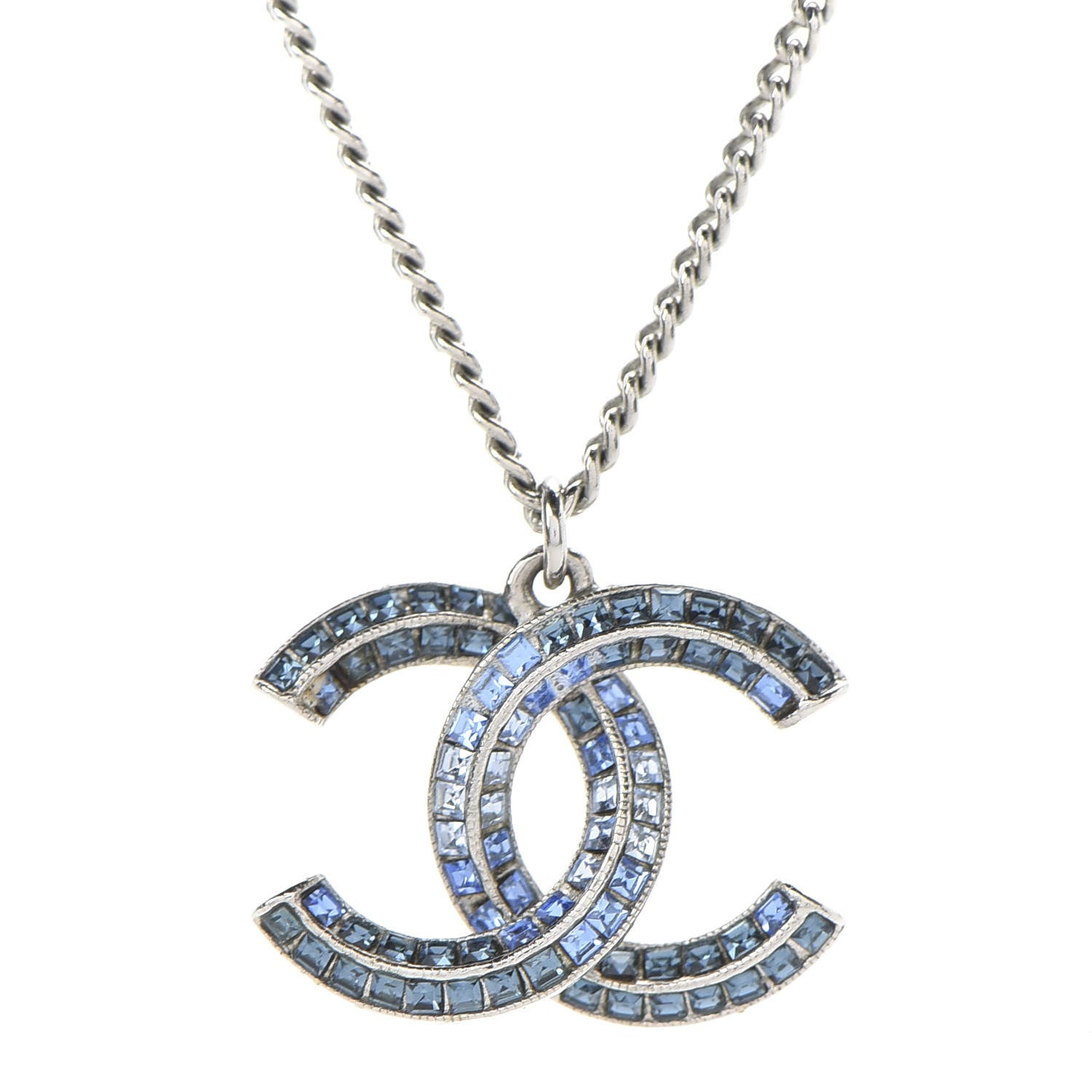 Chanel Crystal Baguette CC Necklace Silver Blue 4 of 7