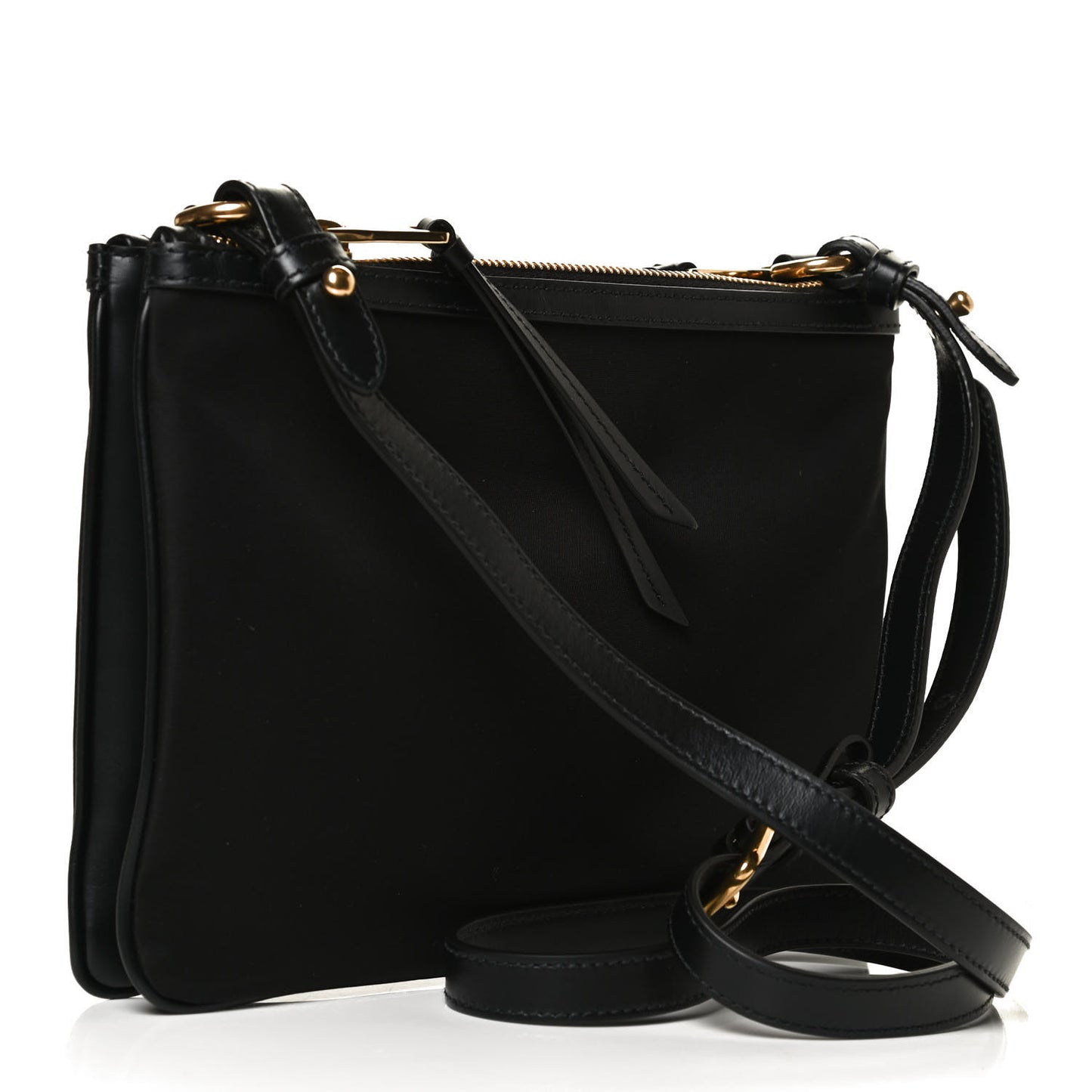 Tessuto Nylon Soft Calf Double Zip Crossbody Bag Black