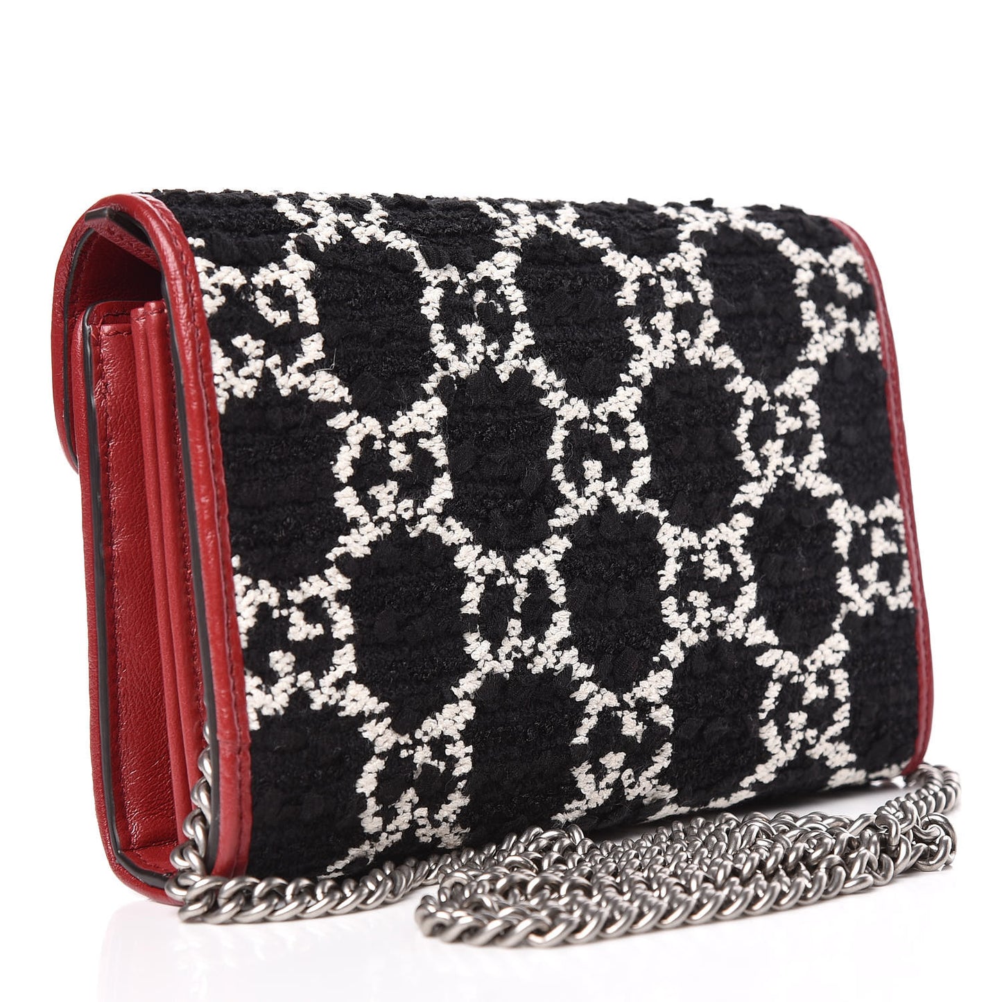 Tweed GG Monogram Mini Dionysus Chain Wallet Black White Romantic Cherry