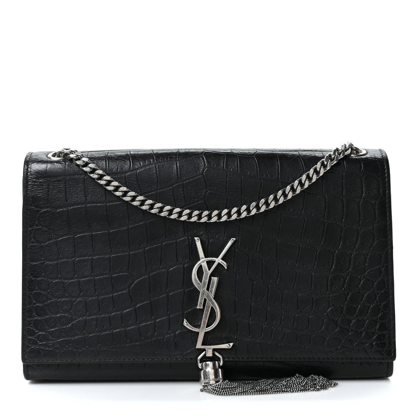 Calfskin Crocodile Embossed Medium Classic Monogram Kate Tassel Satchel Black