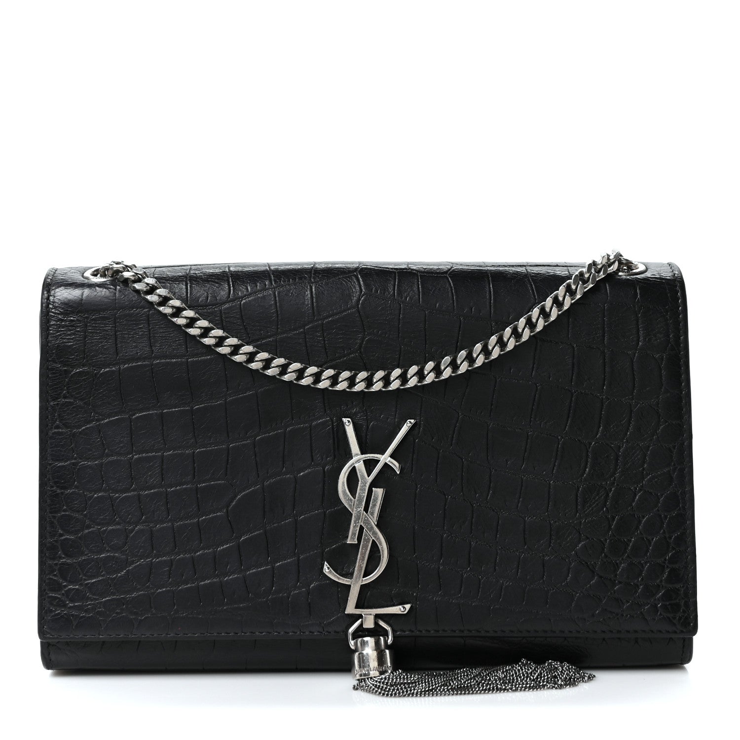 Saint Laurent Calfskin Crocodile Embossed Medium Classic Monogram Kate Tassel Satchel Black 1 of 10