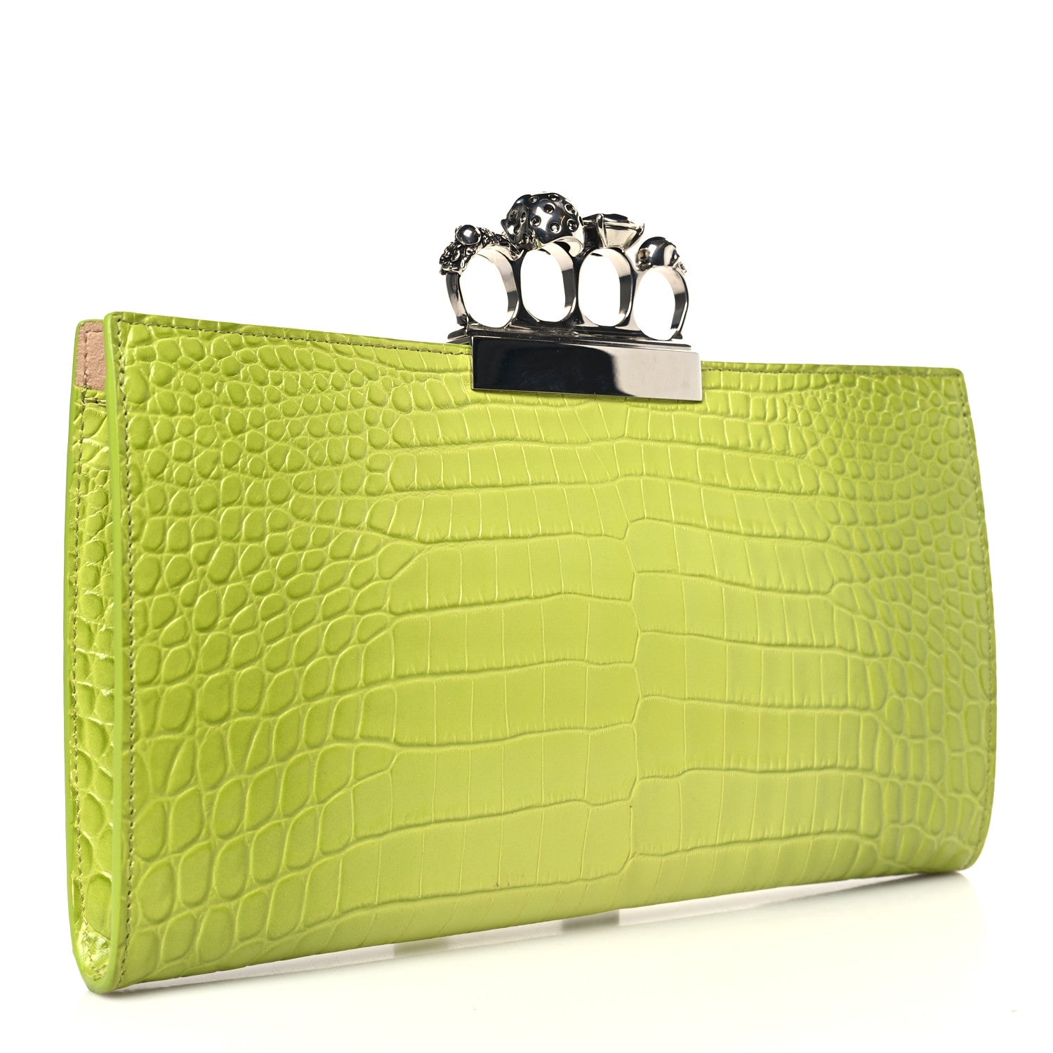 Alexander McQueen Calfskin Crocodile Embossed Knuckle Flat Clutch Lichen 3 of 9