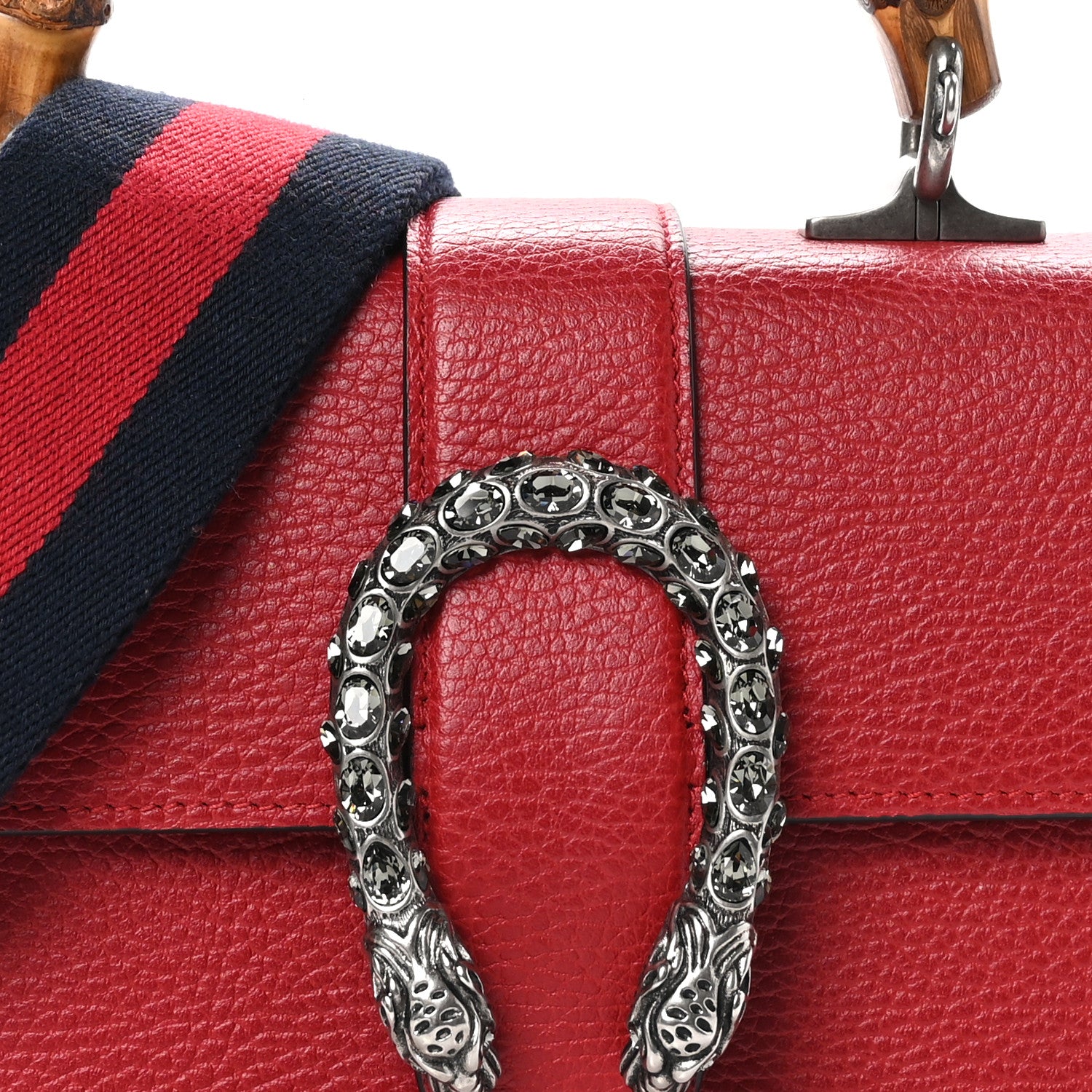 Gucci Dollar Calfskin Crystal Web Mini Dionysus Bamboo Top Handle Bag Hibiscus Red 10 of 12