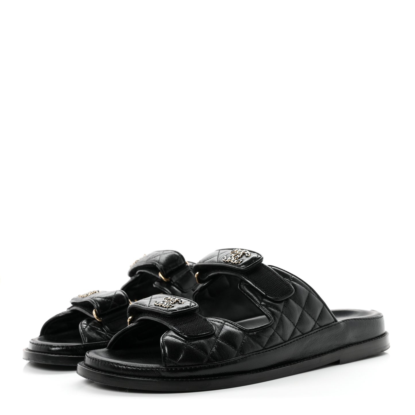 Lambskin Quilted Velcro Dad Chain CC Slide Sandals 39.5 Black