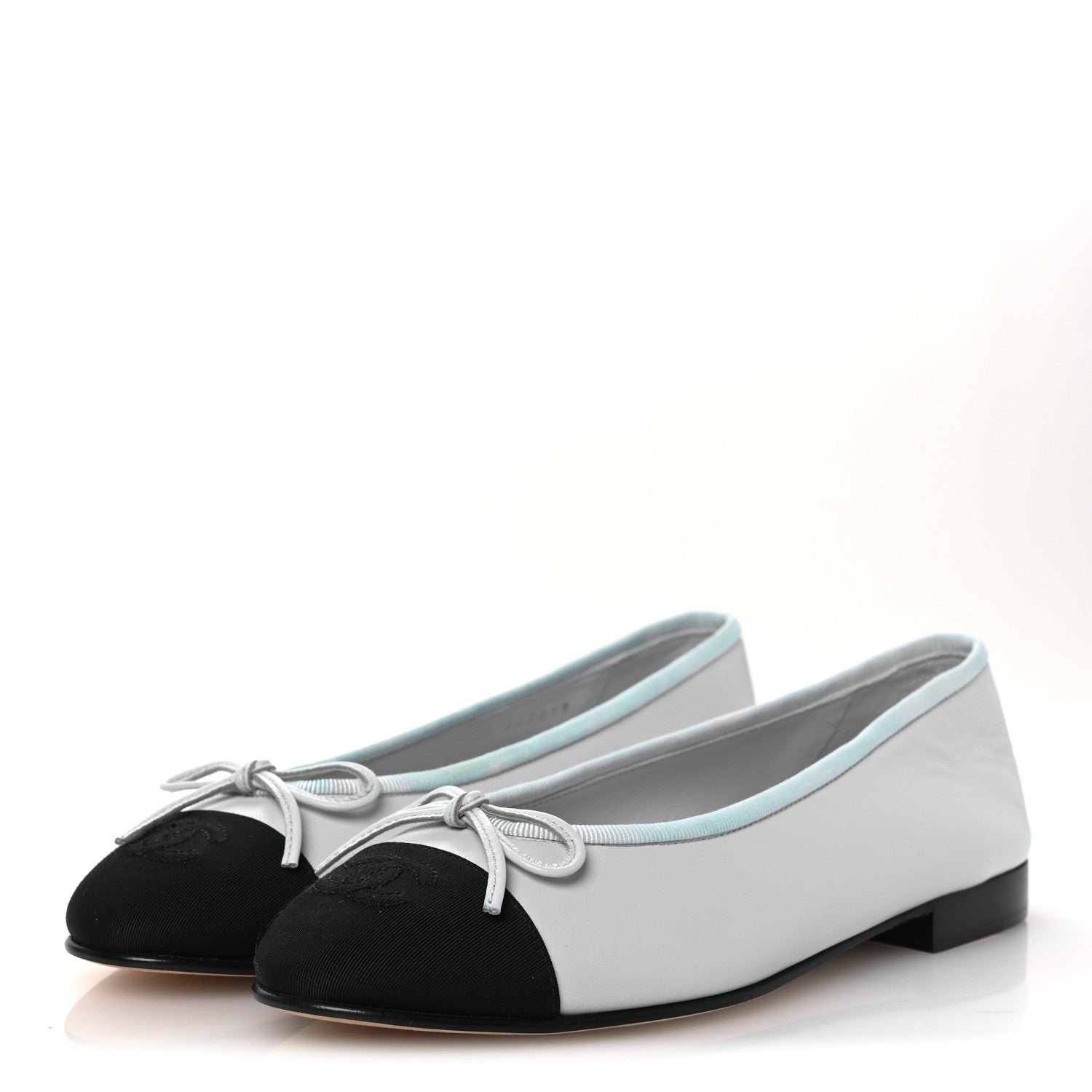 Chanel Lambskin Grosgrain Cap Toe CC Ballerina Flats 37 Light Blue Black 3 of 13