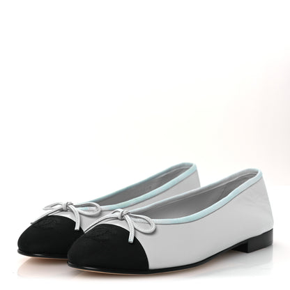 Chanel Lambskin Grosgrain Cap Toe CC Ballerina Flats 37 Light Blue Black 3 of 13