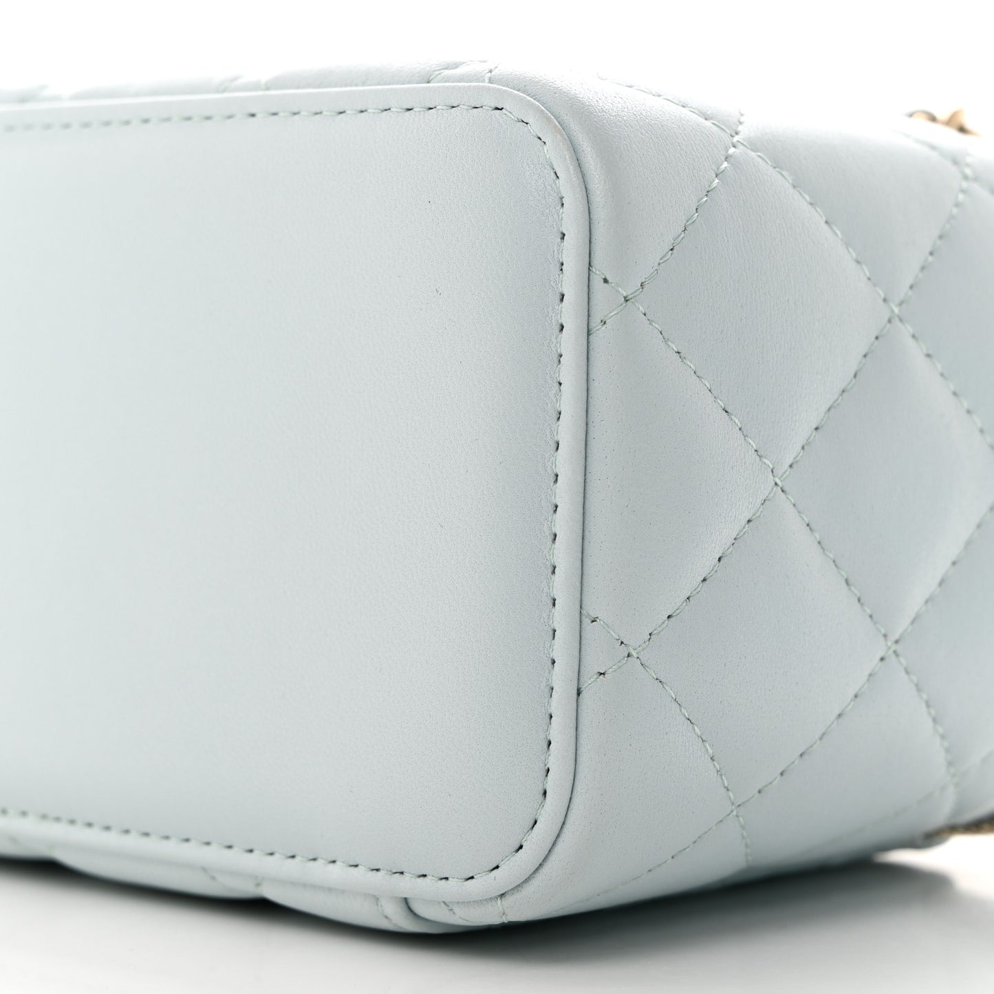 Lambskin Quilted Small Top Handle Vanity Case With Chain Light Blue
