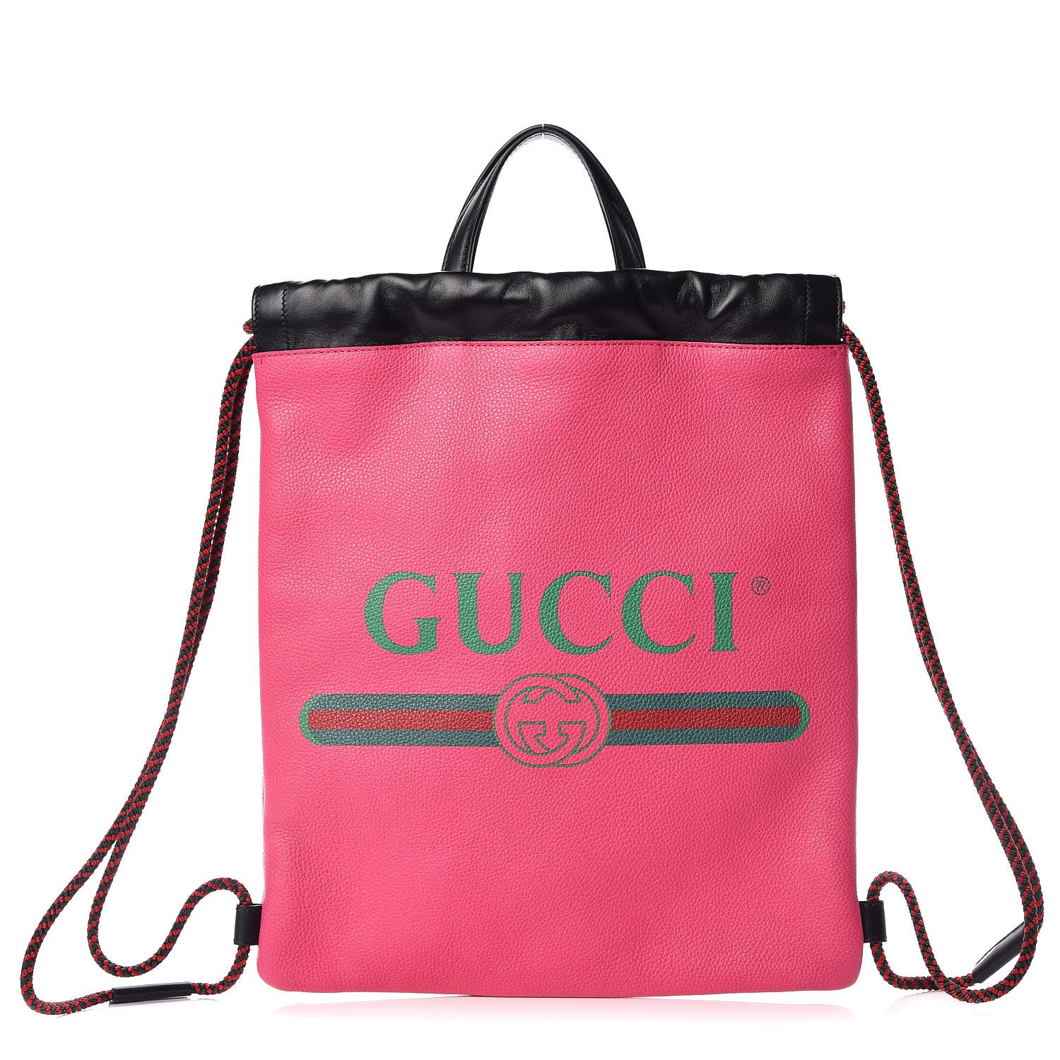 Gucci Grained Calfskin Logo Drawstring Backpack Box Pink Green Black 3 of 10