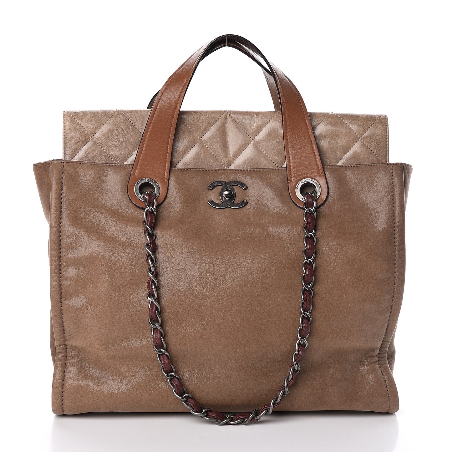 Iridescent Glazed Calfskin In The Mix Tote Kahki